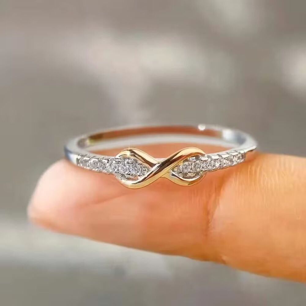 Two Tone Silver Zirconia Crystal Eternity Band Ring White Gemstone Promise sz: 6